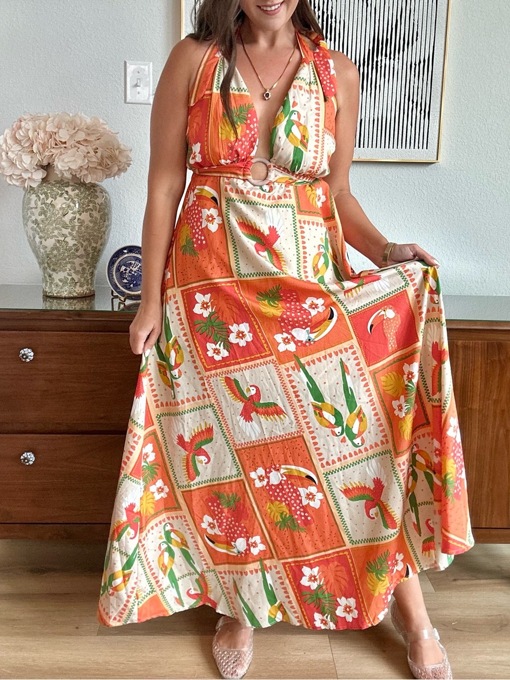 Tropical Parrot Halter Maxi dress open back cutout